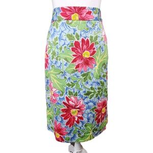 Talbots Pencil Skirt Womens 10 Green Pink Floral Cotton Casual Preppy Coastal